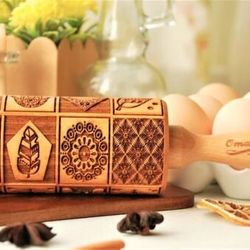 Embossed Rolling Pin Wooden Engraved Rolling Pin Dough With Pattern Cookie Stamp Carved Molds Gingerbread Gift For Mom