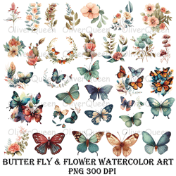 butterfly & flower watercolor art, butterfly  png, butterfly sublimation png