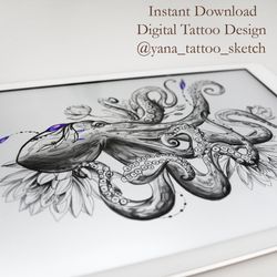 Octopus Tattoo Design Black Octopus Tattoo Sketch Octopus And Flowers Tattoo Ideas, Instant download PDF, JPG, PNG