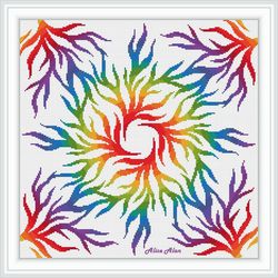 Cross stitch pattern Panel branch abstract floral ornament rainbow pillow napkin counted crossstitch patterns PDF