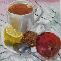 Teacup painting, Cup still life oil painting, Small etude, Apple art.