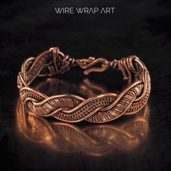 Unique copper wire wrapped bracelet for her Small size statement bangle Handmade woven wire jewelry by Wire Wrap Art