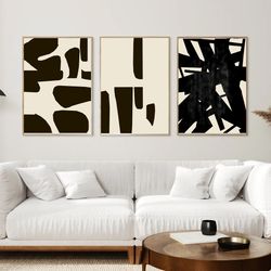 Black And Beige Wall Art, Abstract Set Of 3 Art, Digital Prints, Oversized Posters, Wall Decor Diy, Monochrome Art