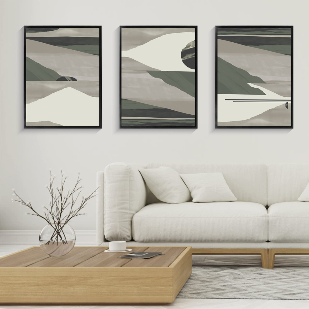 Three abstract posters in green and gray tones