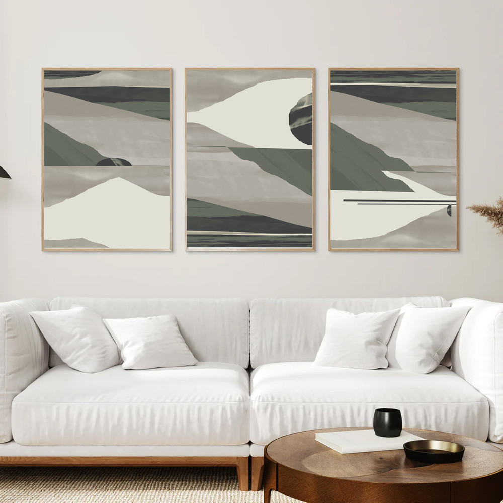 Three abstract posters in green and gray tones