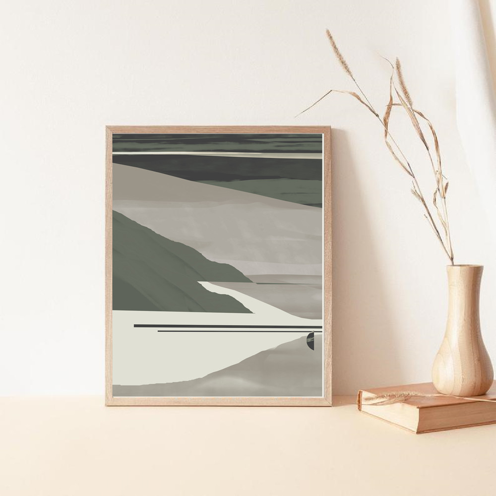 Three abstract posters in green and gray tones