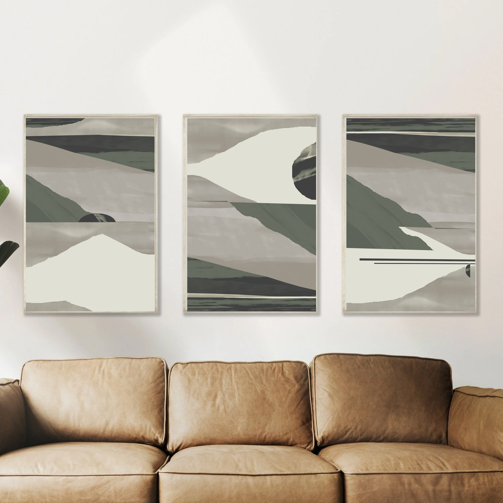 Three abstract posters in green and gray tones