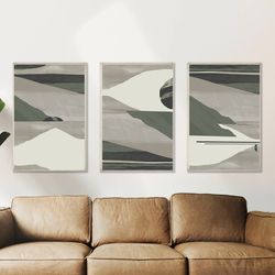 Abstract Prints Set Of 3, Digital Art Green And Gray Wall Art, Extra Large Posters, Living Room Decor, Abstract Painting