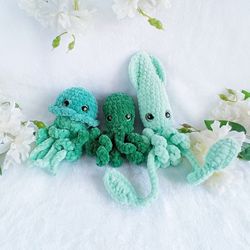 Cute jellyfish, octopus and squid set Marine plushie Sea creatures toys in Green