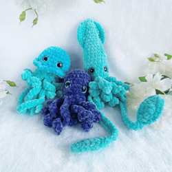 Cute jellyfish, octopus and squid set Marine plushie Sea creatures toys in Blue