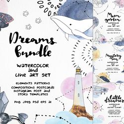 Dreams bundle! Watercolor and line art clipart set