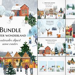Watercolor winter wonderland bundle! christmas city clipart