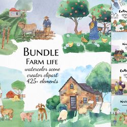 Farm life bundle, cottagecore clipart, Watercolor animal illustration, garden vineyard landscape clip art