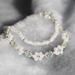 Aquamarine color glass braided bracelet Flower beaded bracelets set Handmade cute jewellery Dainty jewelry Daisy jewels