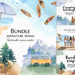 Adventure travel clipart bundle, Watercolor summer set