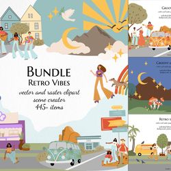 Retro vibes bundle, Groovy hippie clipart, Summer scene vector illustration, Mountain landscape background creator