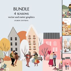 Four Seasons Bundle, spring, summer, autumn, and winter scene creator illustrations clipart
