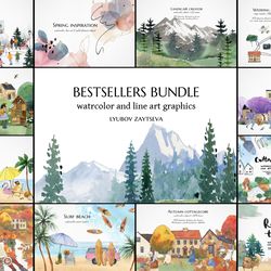 Bestsellers Bundle by Lyubov Zaytseva! 12 popular watercolor illustrations  clipart