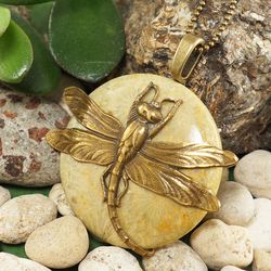 Beige Yellow Fossilized Coral Necklace Brass Dragonfly Round Pendant Necklace Unique Handmade Boho Necklace Jewelry 6836