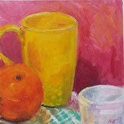 Cup still life oil painting, Tea cup painting, Small etude, Orange art.