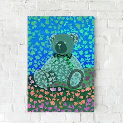 Neon light Floral Teddy Bear toy Art prints Digital illustrations 4 files PNG JPG