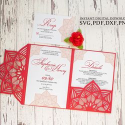 wedding invitation svg template, trifold 5x7 indian pocket envelope for cricut, laser cut, papercut, cameo svg dxf ai