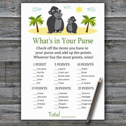 Gorilla What's in your purse game,Jungle Baby shower games printable,Fun Baby Shower Activity,Instant Download-343