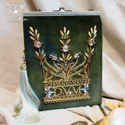 Crystal Elven Crown Personalized Velvet Evening Bag - Handmade Beads Embroidery Purse