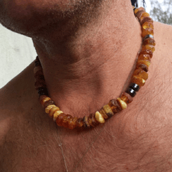 Natural Amber Necklace Men's Amber jewelry Raw amber Choker necklace Baltic amber beaded necklace with black hematite