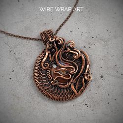 Large copper wire wrapped pendant this natural Murano glass and red Garnet Unique  gemstone necklace Handmade jewelry