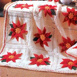 Christmas Poinsettia Afghan & Pillows Vintage Crochet Pattern 257 PDF