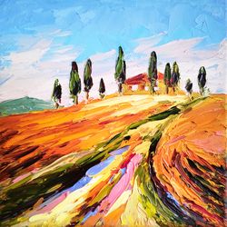 Tuscany Oil Painting Italy landscape Original Artwork Tuscany Road Original Small Painting on Canvas by 8x8 inch