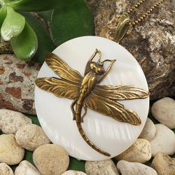 White Mother of Pearl Necklace Brass Dragonfly Round MOP Pendant Necklace Unique Handmade Wedding Necklace Jewelry 6833