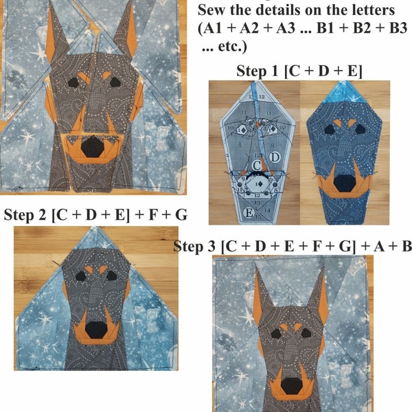 Doperman Pattern Doberman quilt block PDF Pattern 4 versions Paper Piecing | Inspire Uplift