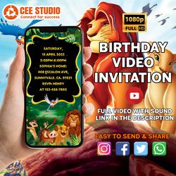lion king invitation, lion king birthday invitation, lion king video invitation, jungle birthday invitation, personalize