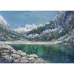 Mountain Lake Ambience ORIGINAL mountain Landscape Painting 10 x 14" Impressionism Art Signed by artist Marina Chuchko