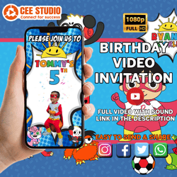 ryan's world video invitation, personalized animated invitation, ryan's world digital invitation