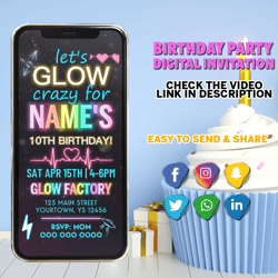 Neon Glow Party Digital Video Invitation, lets glow video invite, glow party evite, neon theme, neon glow video invite,
