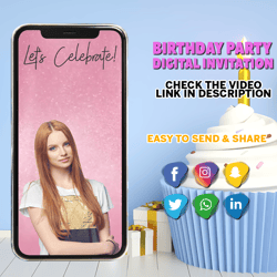 animated birthday invitation, birthday invite, evite, birthday celebration, any age, invitation with photo, pink, gold