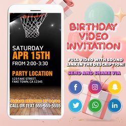 basketball birthday party video invitation nba video invite, basketball evite, sports birthday party, basketball theme