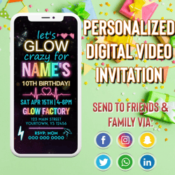 Neon Glow Party Digital Video Invitation, lets glow video invite, glow party evite, neon theme, neon glow video invite