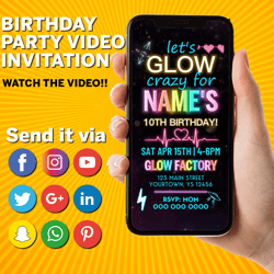 Neon Glow Party Digital Video Invitation, lets glow video invite, glow party evite, neon theme, neon glow video invite
