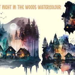 cabins at night in the woods watercolor