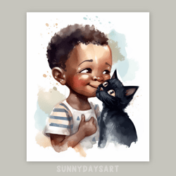 Cute black boy poster, cute black baby boy with kitten, nursery decor, printable art, watercolor art for boys room