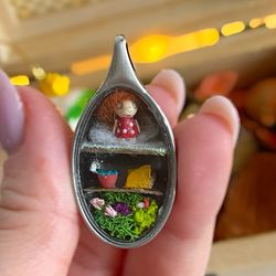 Tiny fairy house, micro miniature pendant with doll. Miniature diorama, doll house kit. Locket unique necklace.