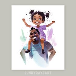 cute black girl poster, black girl with dad, nursery decor, dad and daughter, printable, watercolor art, girl room art