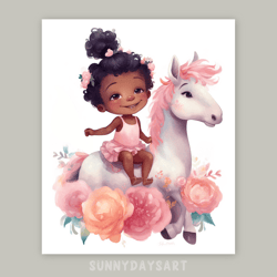 Cute black girl poster, cute black girl rides white pony, nursery decor, printable art, watercolor art for girls room