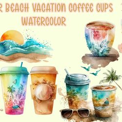 summer beach vacation coffee cups watercolor, summer png