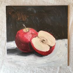 Original Painting Apple Oil Painting Still Life Painting Black Background Painting Wall Art