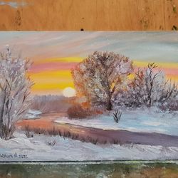 Winter sunset. Painting.  Art.  Wall Art. Oil Painting Artwork. Decor for kitchen, living room, cafee